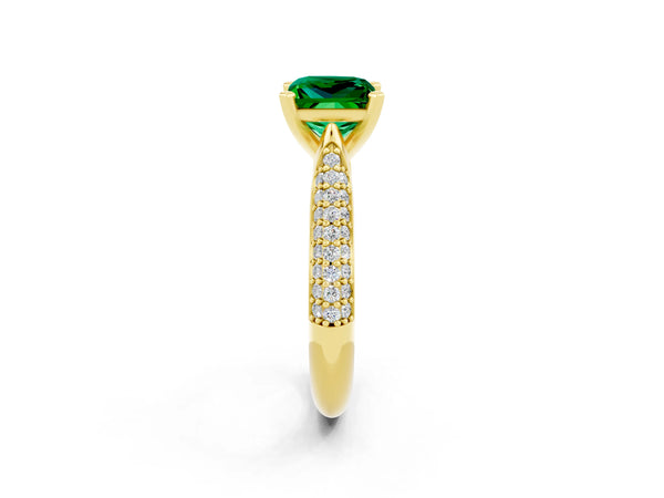 Yellow gold Princess Cut Emerald Solitaire Engagement Ring with Multi-Row Round Pavé Band and Prong Setting