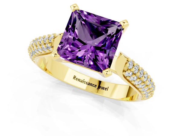 Yellow gold Princess Cut Amethyst Solitaire Engagement Ring with Multi-Row Round Pavé Band and Prong Setting