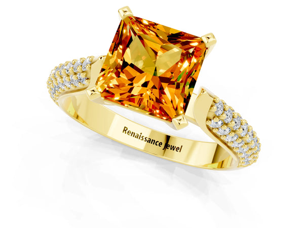 Yellow gold Princess Cut Citrine Solitaire Engagement Ring with Multi-Row Round Pavé Band and Prong Setting
