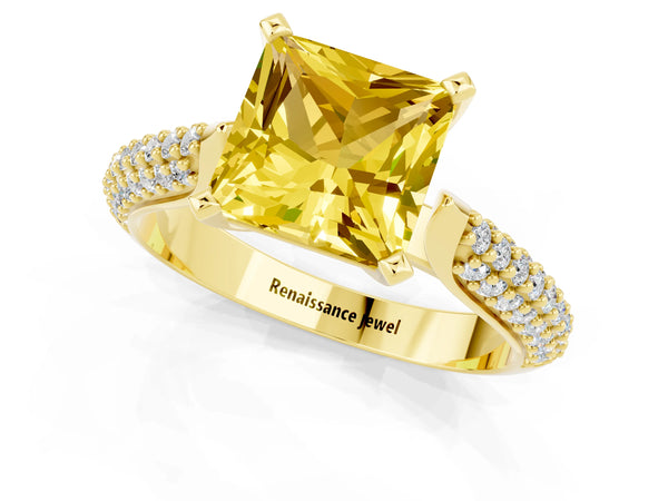 Yellow gold Princess Cut Yellow Sapphire Solitaire Engagement Ring with Multi-Row Round Pavé Band and Prong Setting