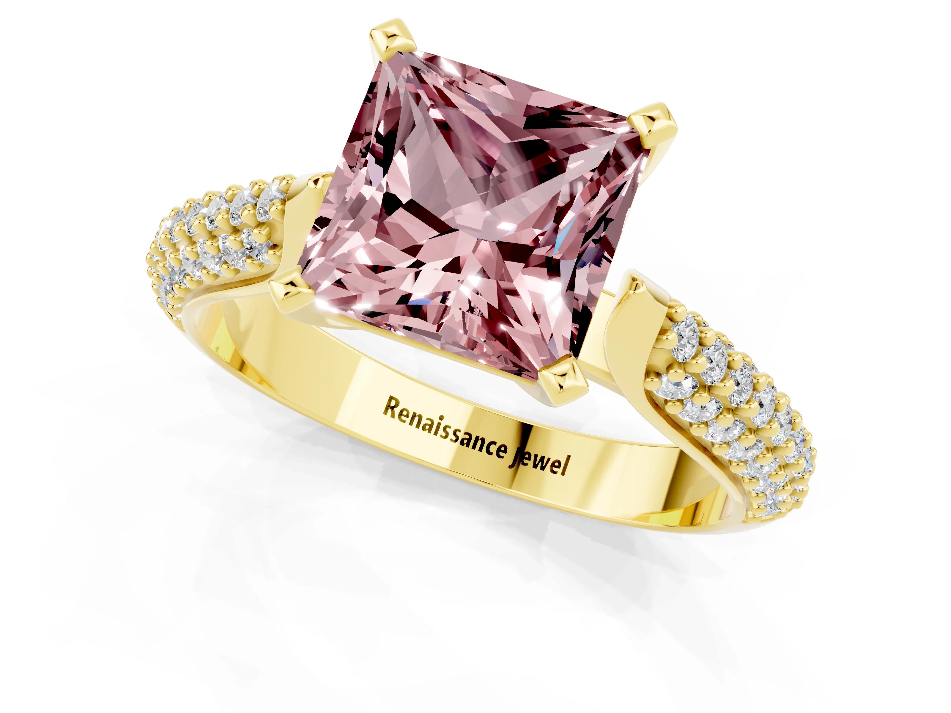 Yellow gold Princess Cut Diamond Solitaire Engagement Ring with Pavé Band and Four-Prong Setting_1