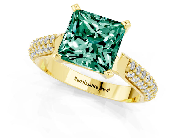 Yellow gold Princess Cut Green Sapphire Solitaire Engagement Ring with Multi-Row Round Pavé Band and Prong Setting