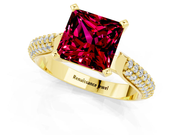 Yellow gold Princess Cut Garnet Solitaire Engagement Ring with Multi-Row Round Pavé Band and Prong Setting