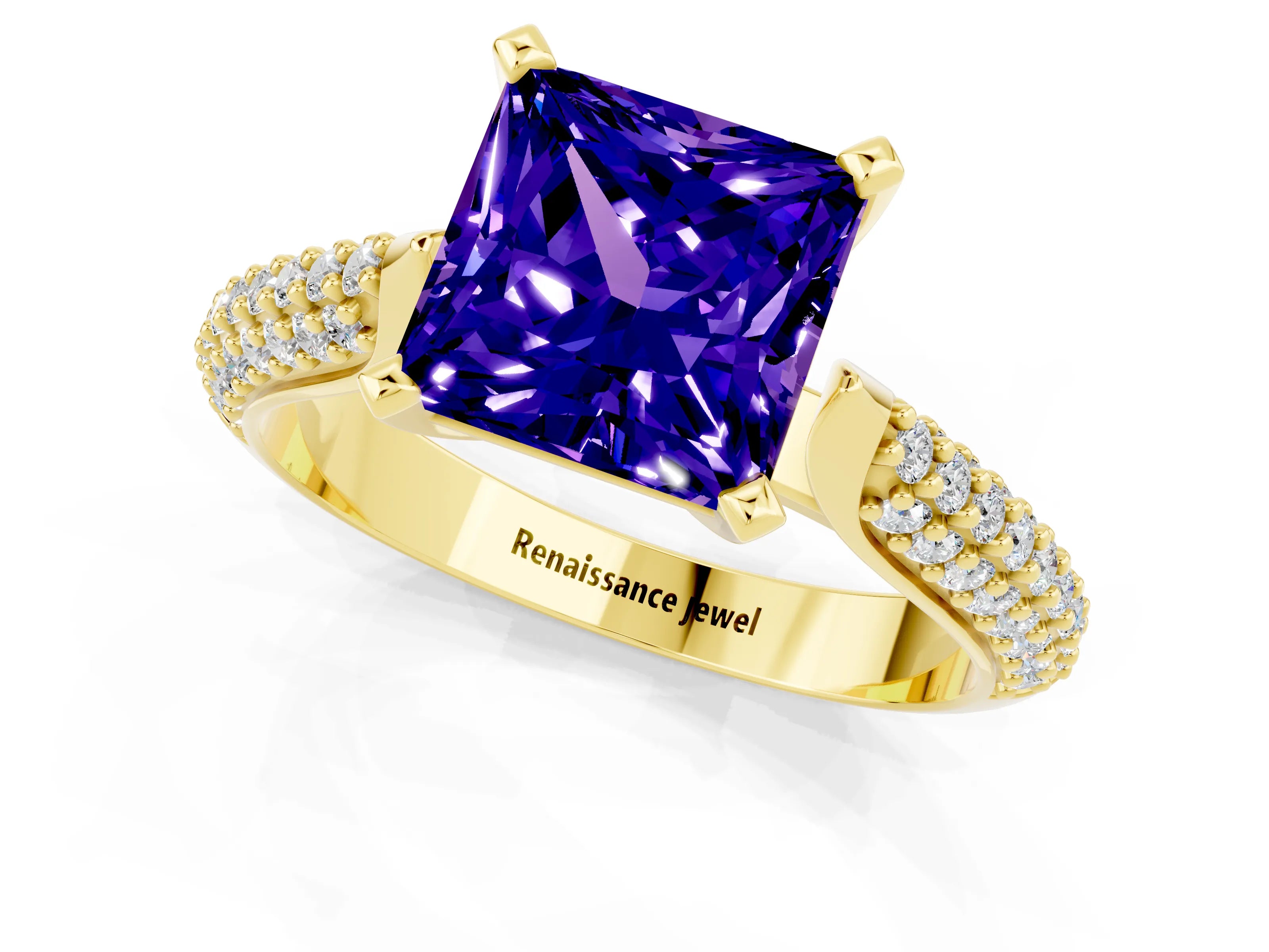 Yellow gold Princess Cut Diamond Solitaire Engagement Ring with Pavé Band and Four-Prong Setting_1