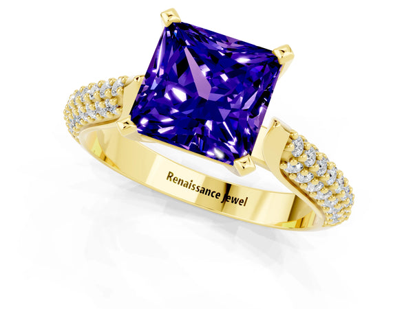 Yellow gold Princess Cut Tanzanite Solitaire Engagement Ring with Multi-Row Round Pavé Band and Prong Setting