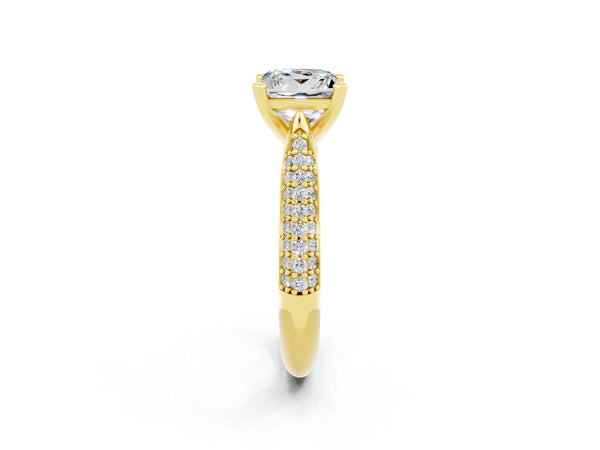 Yellow gold Princess Cut Moissanite Solitaire Engagement Ring with Multi-Row Round Pavé Band and Prong Setting