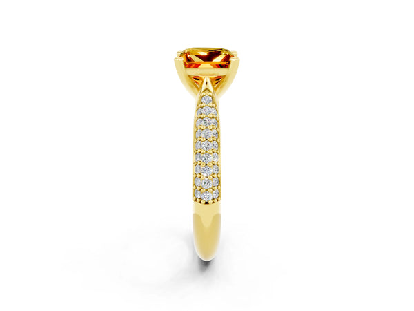 Yellow gold Princess Cut Citrine Solitaire Engagement Ring with Multi-Row Round Pavé Band and Prong Setting