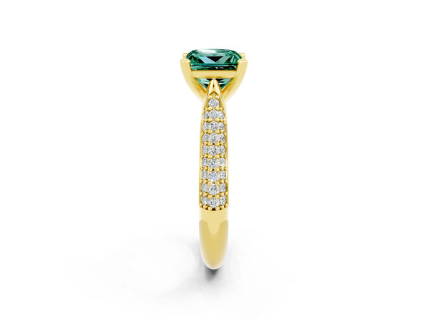 Yellow gold Princess Cut Green Sapphire Solitaire Engagement Ring with Multi-Row Round Pavé Band and Prong Setting