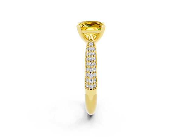Yellow gold Princess Cut Yellow Sapphire Solitaire Engagement Ring with Multi-Row Round Pavé Band and Prong Setting