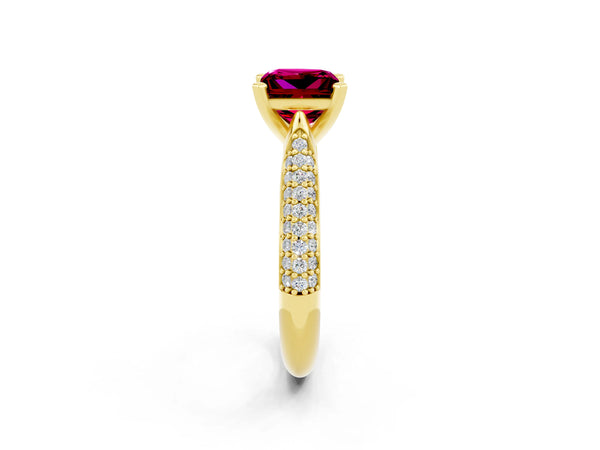Yellow gold Princess Cut Garnet Solitaire Engagement Ring with Multi-Row Round Pavé Band and Prong Setting
