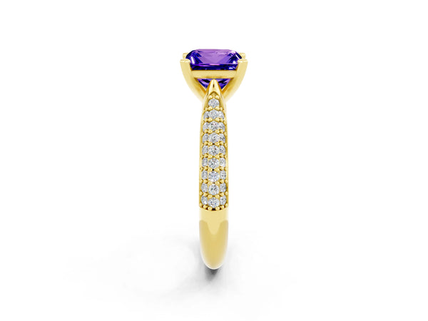 Yellow gold Princess Cut Tanzanite Solitaire Engagement Ring with Multi-Row Round Pavé Band and Prong Setting