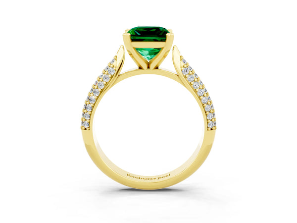 Yellow gold Princess Cut Emerald Solitaire Engagement Ring with Multi-Row Round Pavé Band and Prong Setting