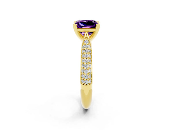 Yellow gold Princess Cut Amethyst Solitaire Engagement Ring with Multi-Row Round Pavé Band and Prong Setting