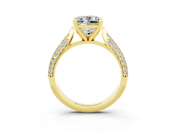 Yellow gold Princess Cut Moissanite Solitaire Engagement Ring with Multi-Row Round Pavé Band and Prong Setting