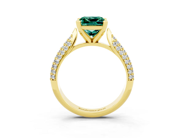 Yellow gold Princess Cut Green Sapphire Solitaire Engagement Ring with Multi-Row Round Pavé Band and Prong Setting