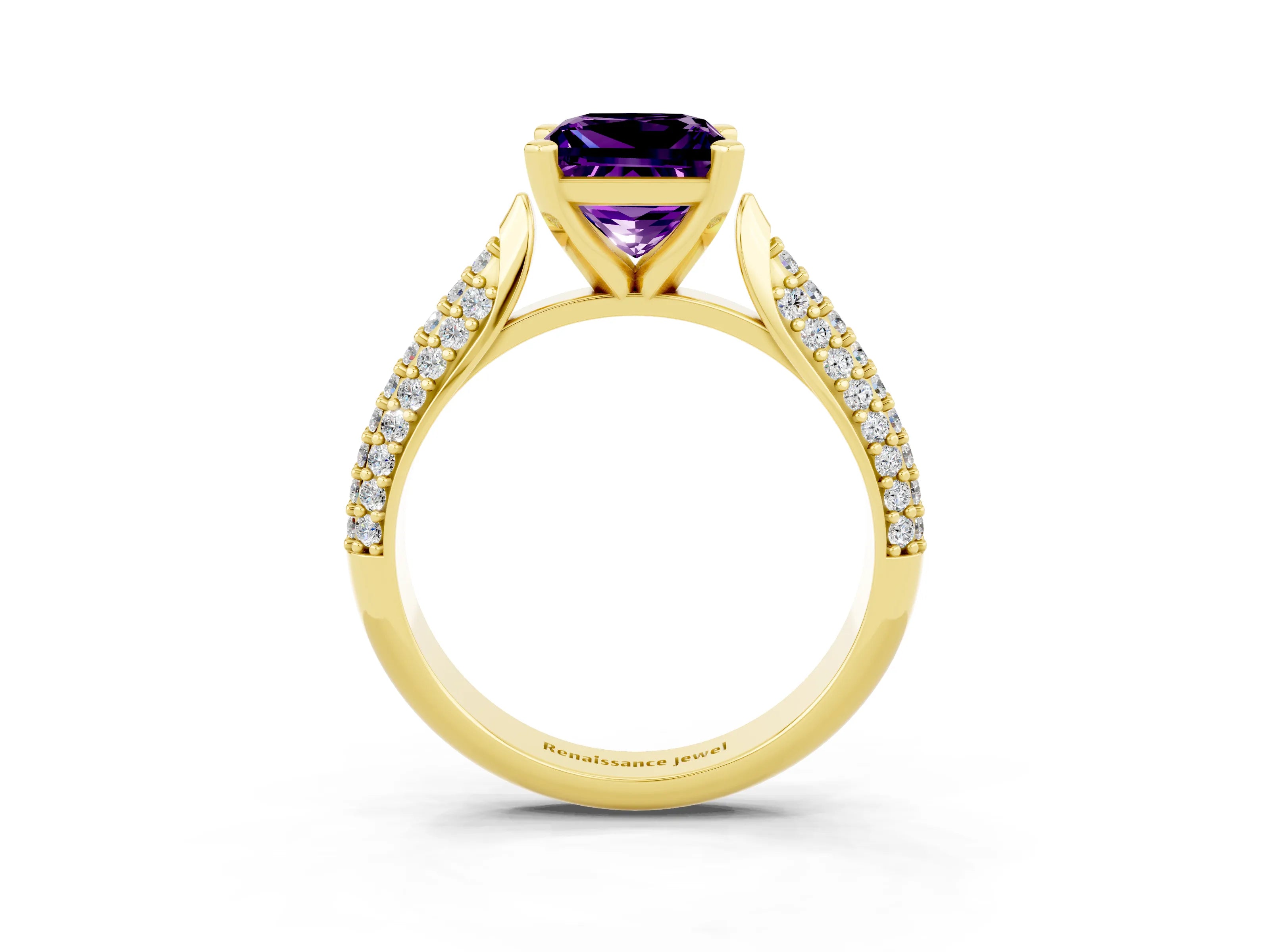 Yellow gold Princess Cut Diamond Solitaire Engagement Ring with Pavé Band and Four-Prong Setting_3