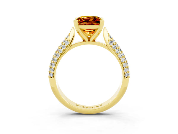 Yellow gold Princess Cut Citrine Solitaire Engagement Ring with Multi-Row Round Pavé Band and Prong Setting