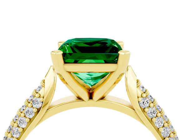 Yellow gold Princess Cut Emerald Solitaire Engagement Ring with Multi-Row Round Pavé Band and Prong Setting