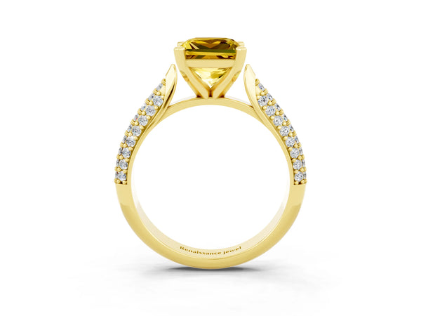 Yellow gold Princess Cut Yellow Sapphire Solitaire Engagement Ring with Multi-Row Round Pavé Band and Prong Setting
