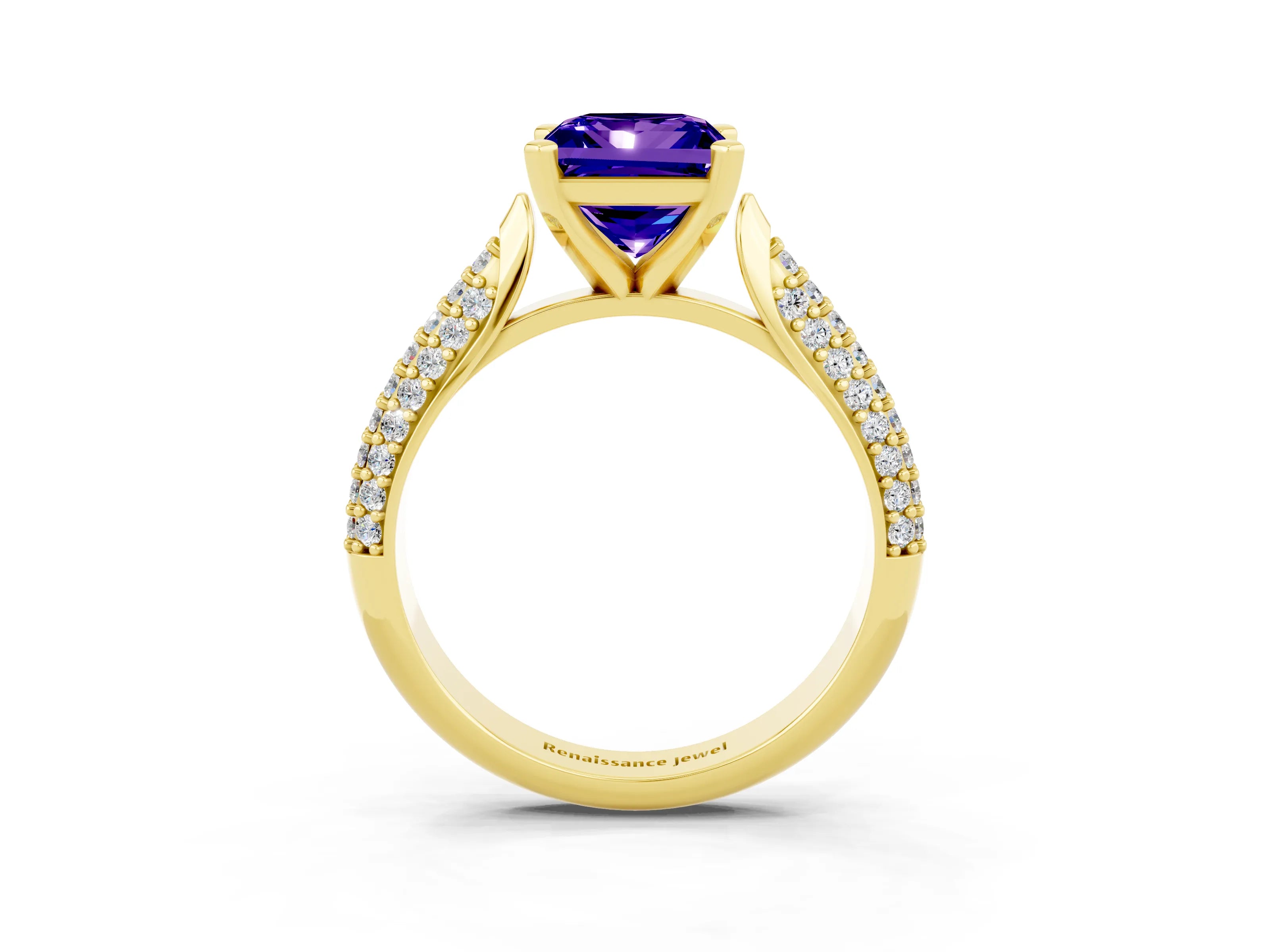 Yellow gold Princess Cut Diamond Solitaire Engagement Ring with Pavé Band and Four-Prong Setting_3