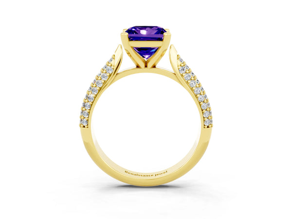 Yellow gold Princess Cut Tanzanite Solitaire Engagement Ring with Multi-Row Round Pavé Band and Prong Setting