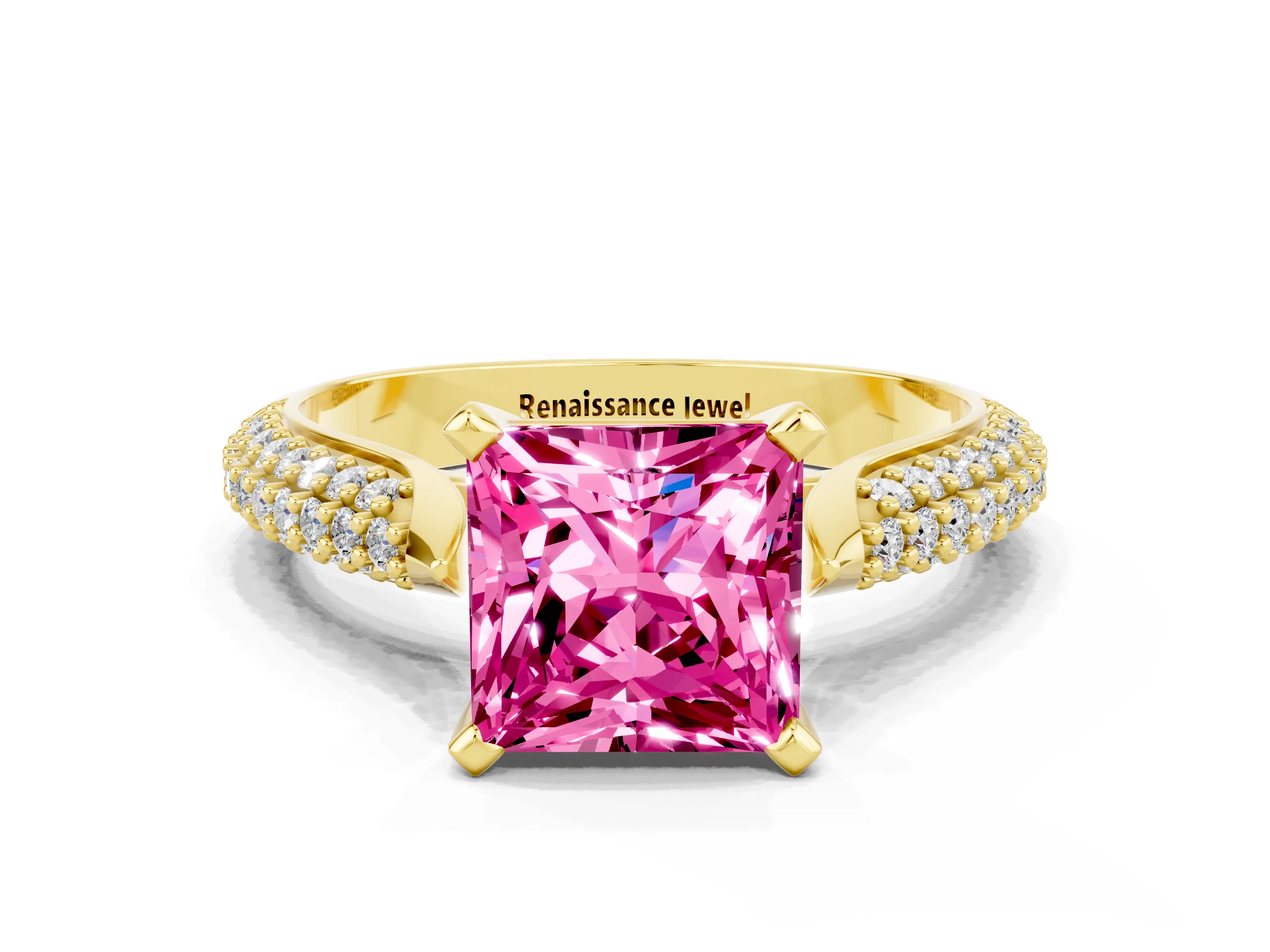 Yellow gold Princess Cut Diamond Solitaire Engagement Ring with Pavé Band and Four-Prong Setting