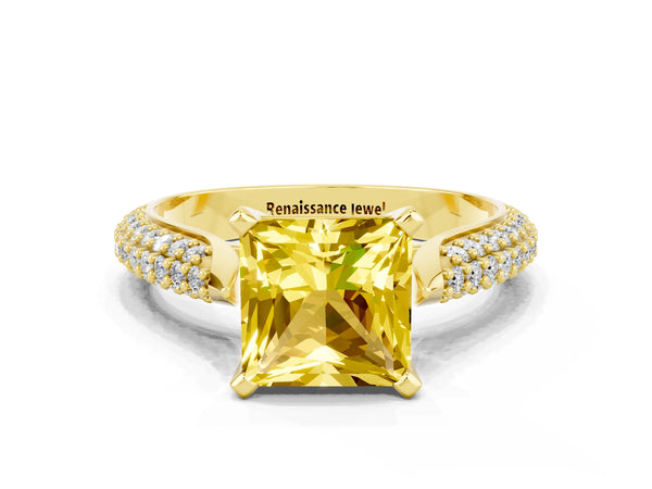 Yellow gold Princess Cut Yellow Sapphire Solitaire Engagement Ring with Multi-Row Round Pavé Band and Prong Setting