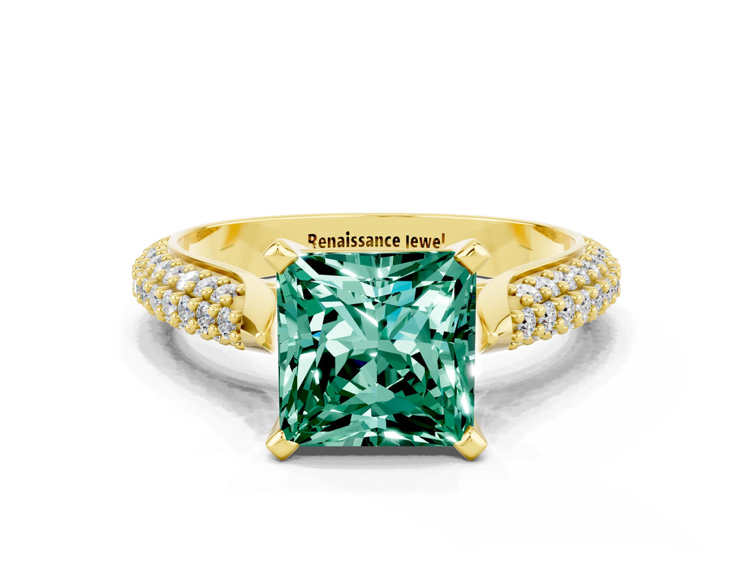 Yellow gold Princess Cut Diamond Solitaire Engagement Ring with Pavé Band and Four-Prong Setting