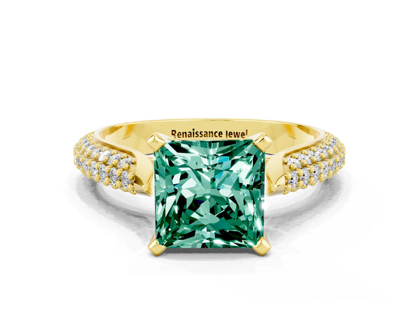 Yellow gold Princess Cut Green Sapphire Solitaire Engagement Ring with Multi-Row Round Pavé Band and Prong Setting
