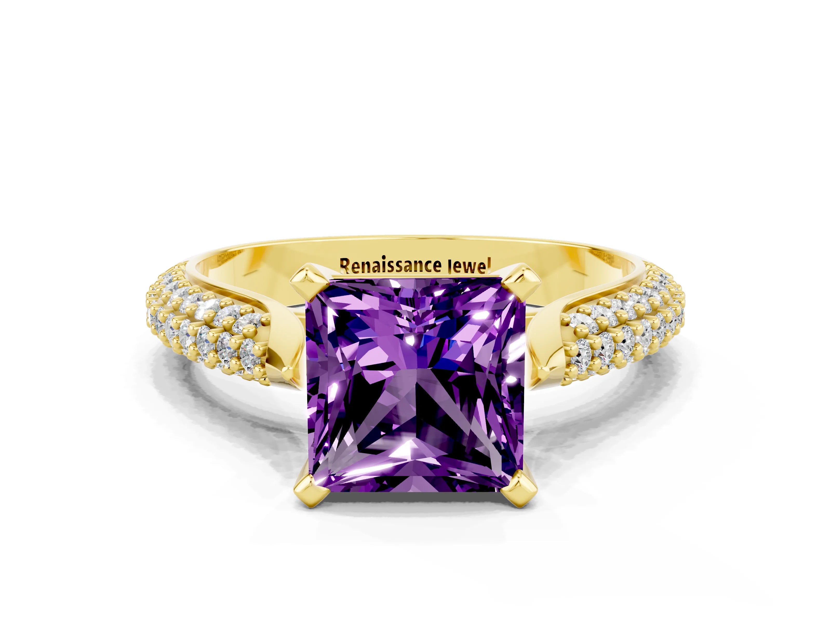Yellow gold Princess Cut Diamond Solitaire Engagement Ring with Pavé Band and Four-Prong Setting