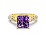 Yellow gold Princess Cut Diamond Solitaire Engagement Ring with Pavé Band and Four-Prong Setting
