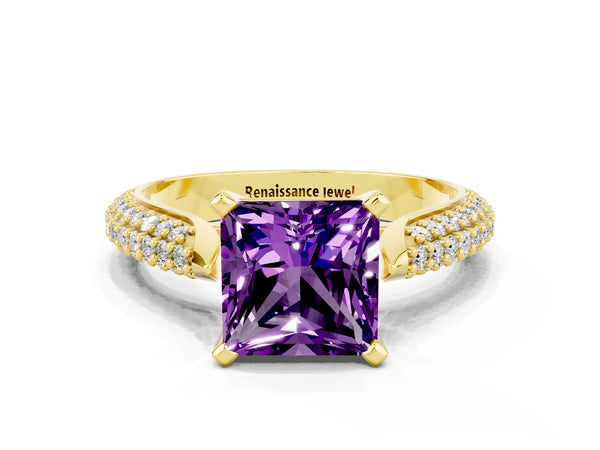 Yellow gold Princess Cut Amethyst Solitaire Engagement Ring with Multi-Row Round Pavé Band and Prong Setting