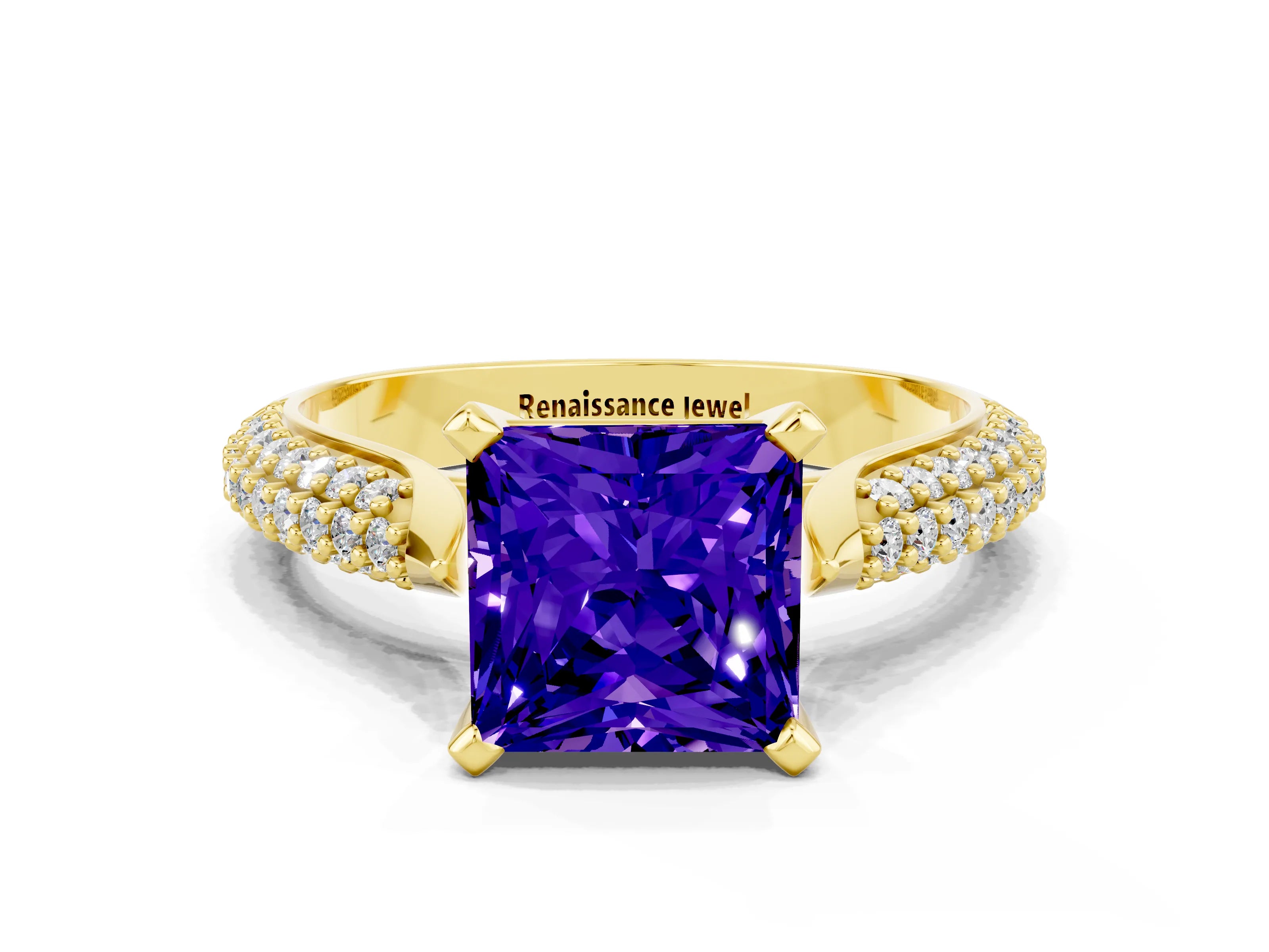 Yellow gold Princess Cut Diamond Solitaire Engagement Ring with Pavé Band and Four-Prong Setting