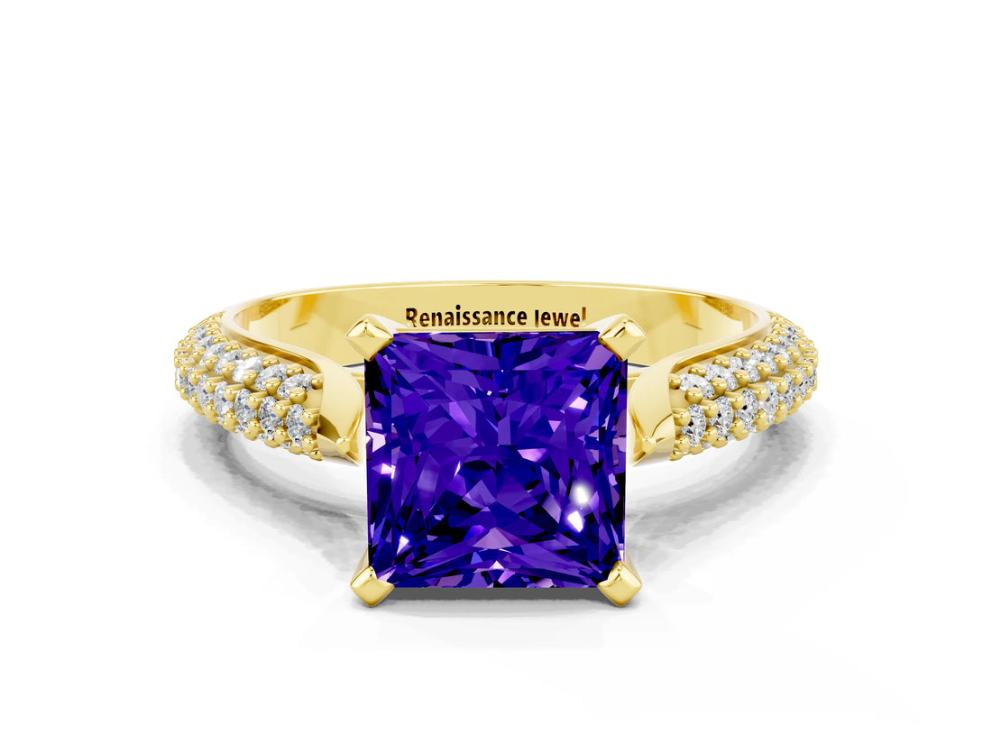 Yellow gold Princess Cut Diamond Solitaire Engagement Ring with Pavé Band and Four-Prong Setting