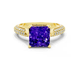 Yellow gold Princess Cut Diamond Solitaire Engagement Ring with Pavé Band and Four-Prong Setting