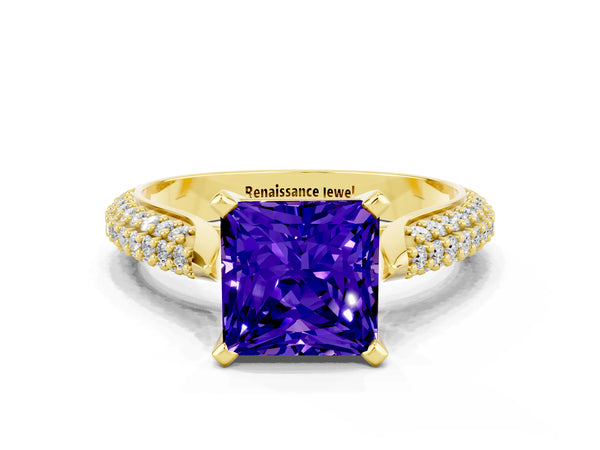 Yellow gold Princess Cut Tanzanite Solitaire Engagement Ring with Multi-Row Round Pavé Band and Prong Setting