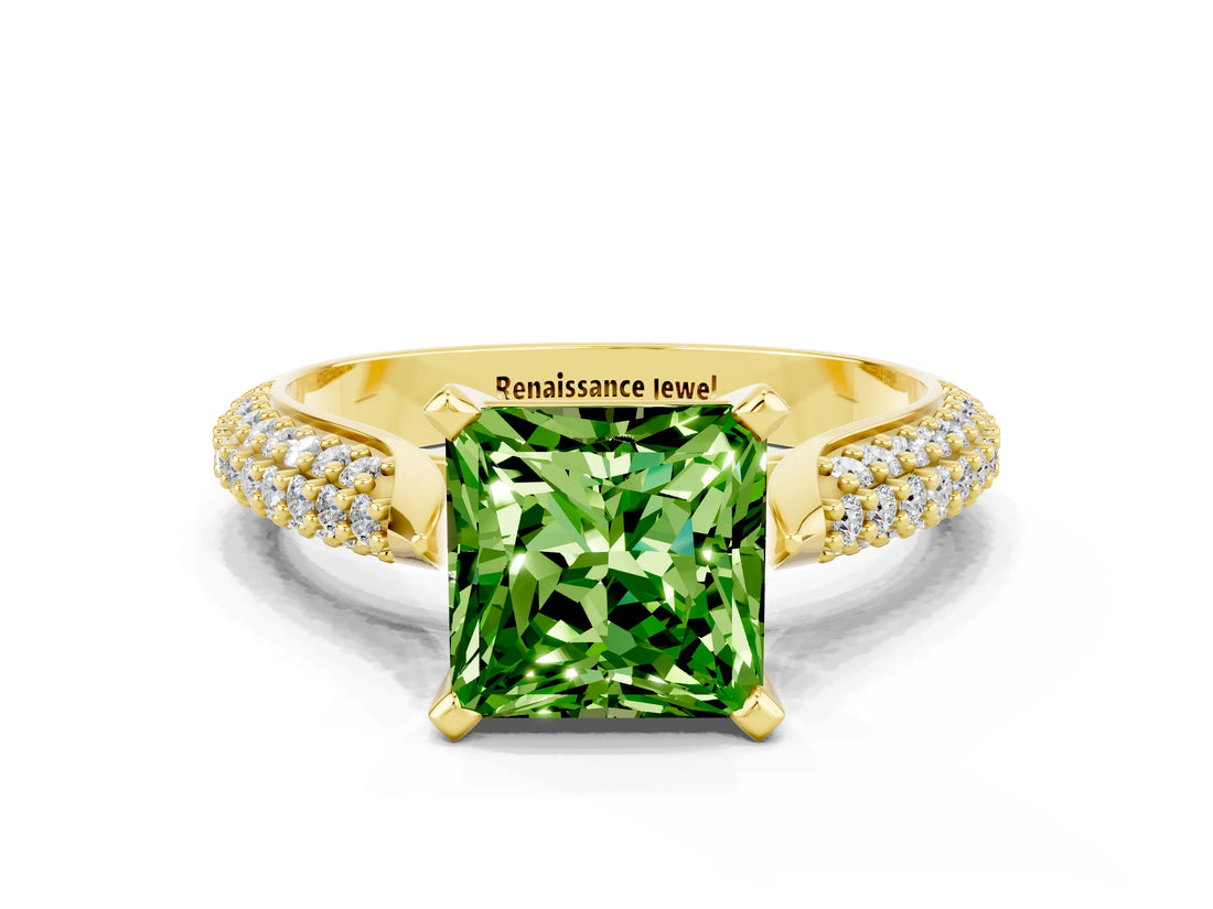 Yellow gold Princess Cut Diamond Solitaire Engagement Ring with Pavé Band and Four-Prong Setting