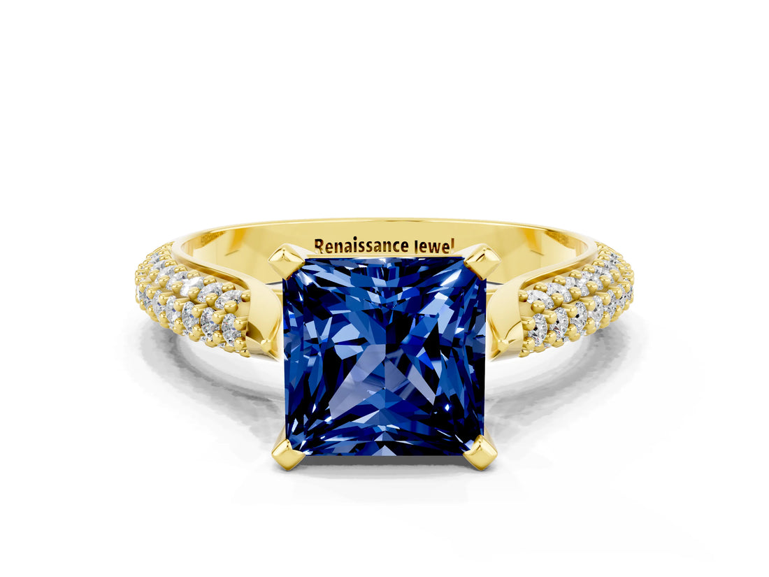 Yellow gold Princess Cut Diamond Solitaire Engagement Ring with Pavé Band and Four-Prong Setting