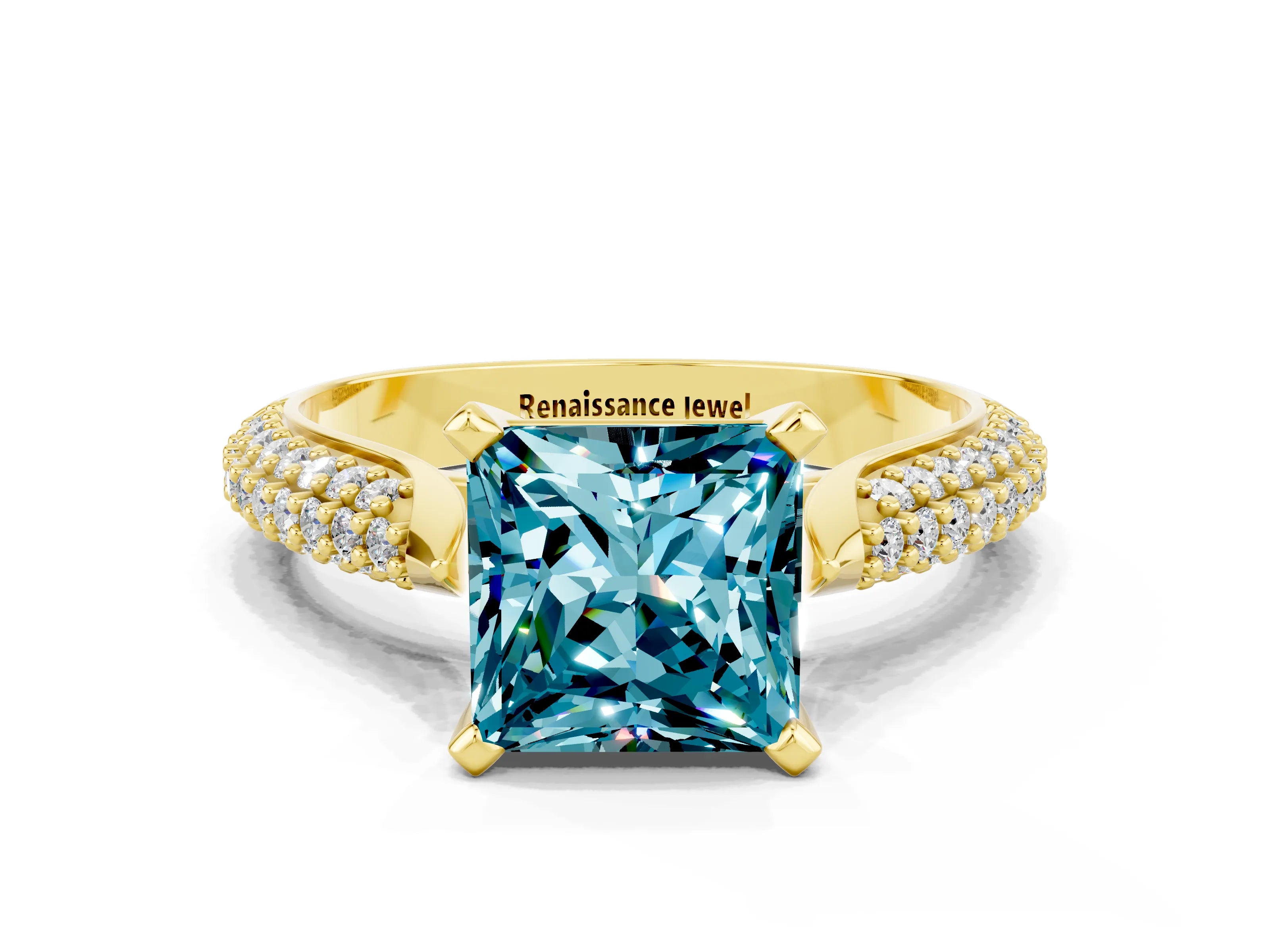 Yellow gold Princess Cut Diamond Solitaire Engagement Ring with Pavé Band and Four-Prong Setting