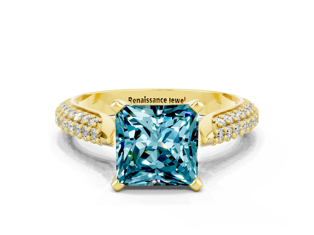 Yellow gold Princess Cut Diamond Solitaire Engagement Ring with Pavé Band and Four-Prong Setting