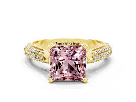 Yellow gold Princess Cut Diamond Solitaire Engagement Ring with Pavé Band and Four-Prong Setting
