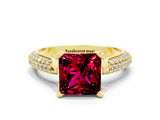Yellow gold Princess Cut Diamond Solitaire Engagement Ring with Pavé Band and Four-Prong Setting