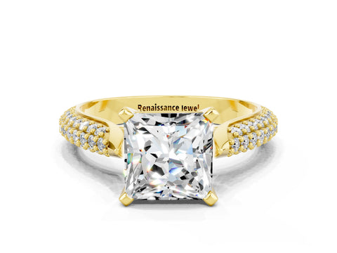 Yellow gold Princess Cut Diamond Solitaire Engagement Ring with Pavé Band and Four-Prong Setting