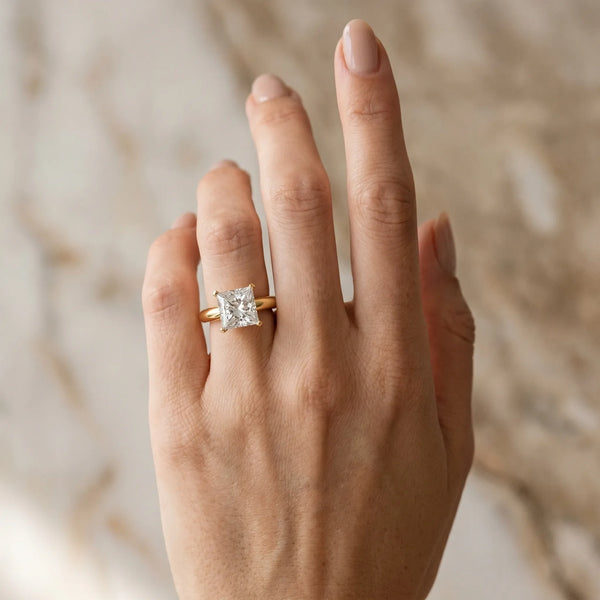 14K Yellow Gold 2.91 Carat F VVS2 Princess Diamond Solitaire Engagement Ring with Round Band and Four-Prong Setting