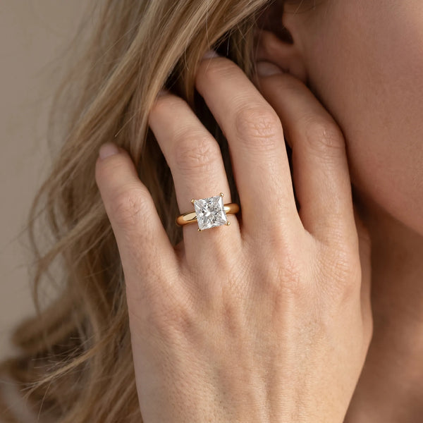 14K Yellow Gold 2.02 Carat D VVS2 Princess Diamond Solitaire Engagement Ring with Round Band and Four-Prong Setting