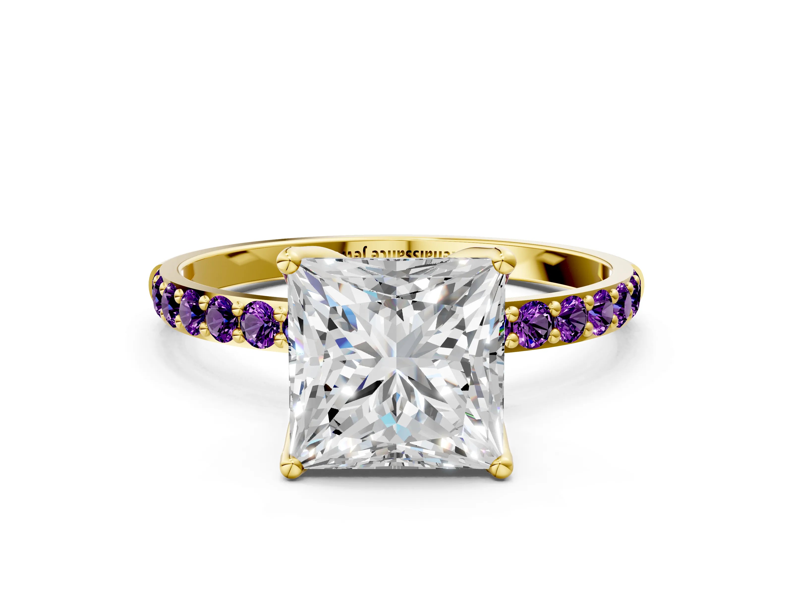 Yellow gold Princess Cut Diamond Solitaire Engagement Ring with Round with Amethyst side stone Pavé Band and Prong Setting