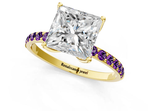 Yellow gold Princess Cut Diamond Solitaire Engagement Ring with Round with Amethyst side stone Pavé Band and Prong Setting_1