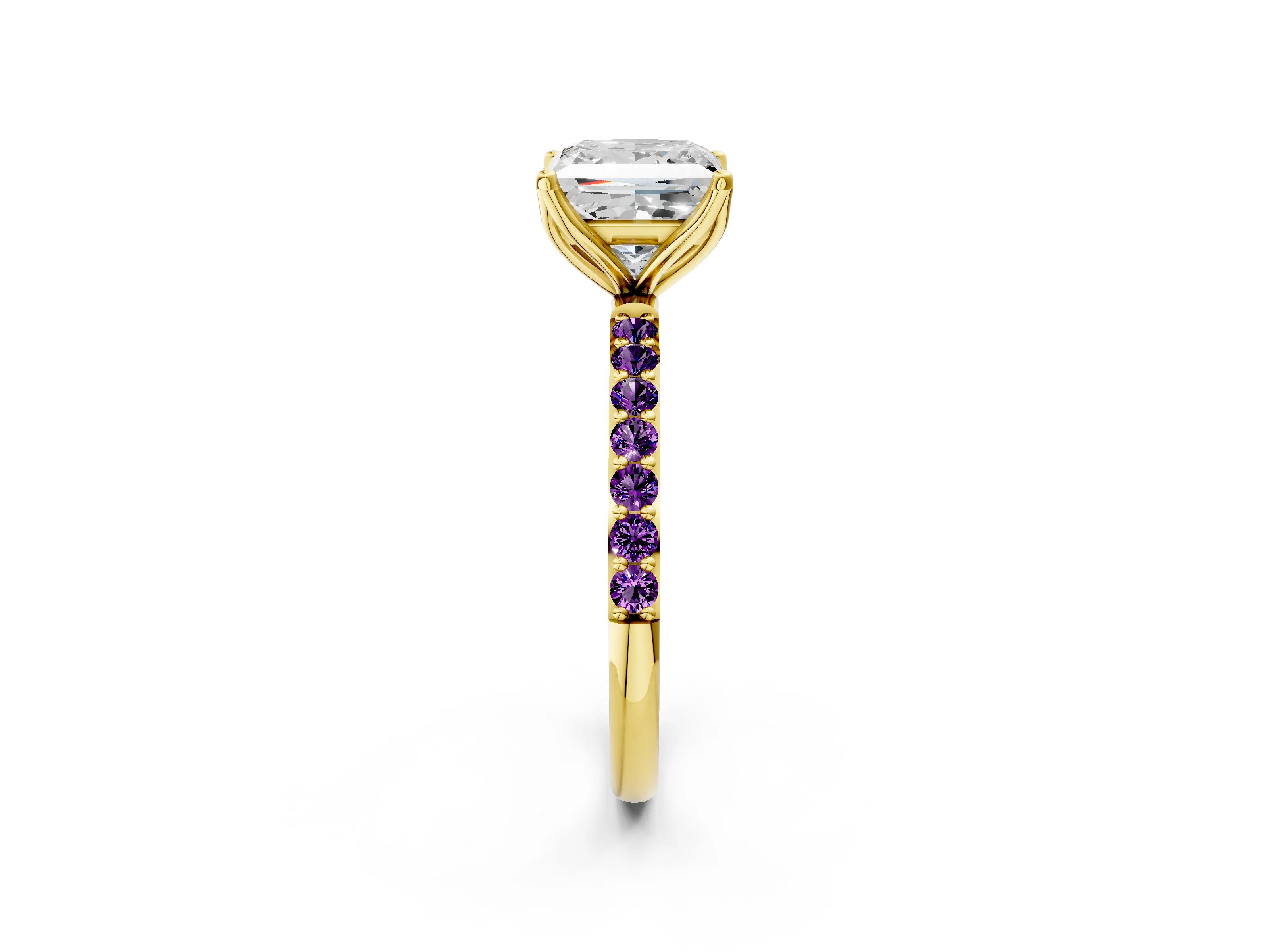 Yellow gold Princess Cut Diamond Solitaire Engagement Ring with Round with Amethyst side stone Pavé Band and Prong Setting_2