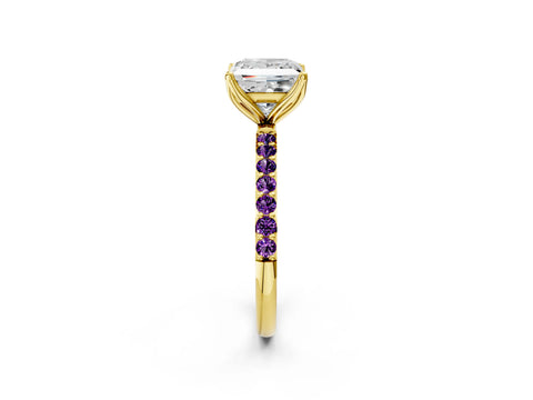 Yellow gold Princess Cut Diamond Solitaire Engagement Ring with Round with Amethyst side stone Pavé Band and Prong Setting_2
