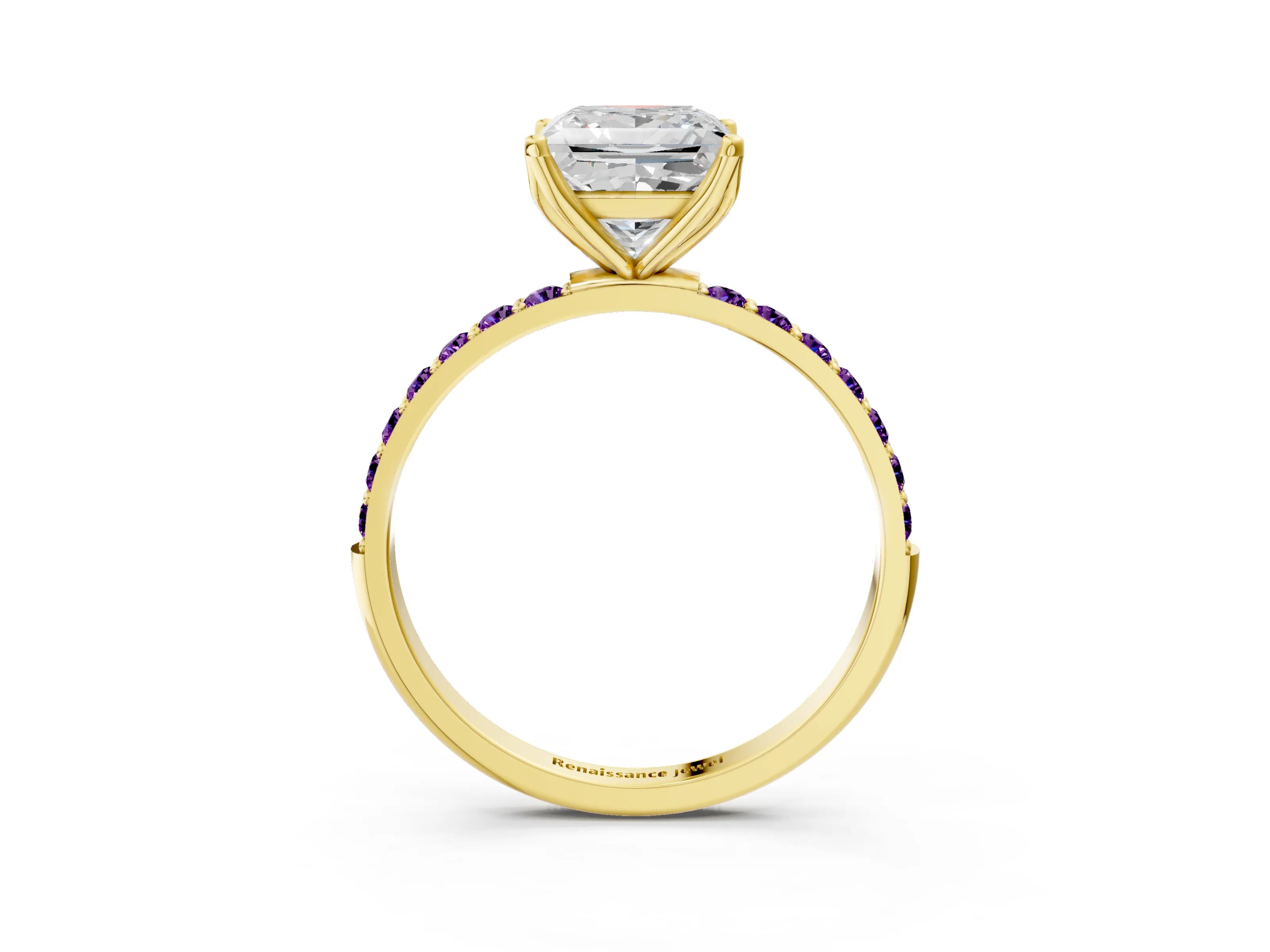 Yellow gold Princess Cut Diamond Solitaire Engagement Ring with Round with Amethyst side stone Pavé Band and Prong Setting_3